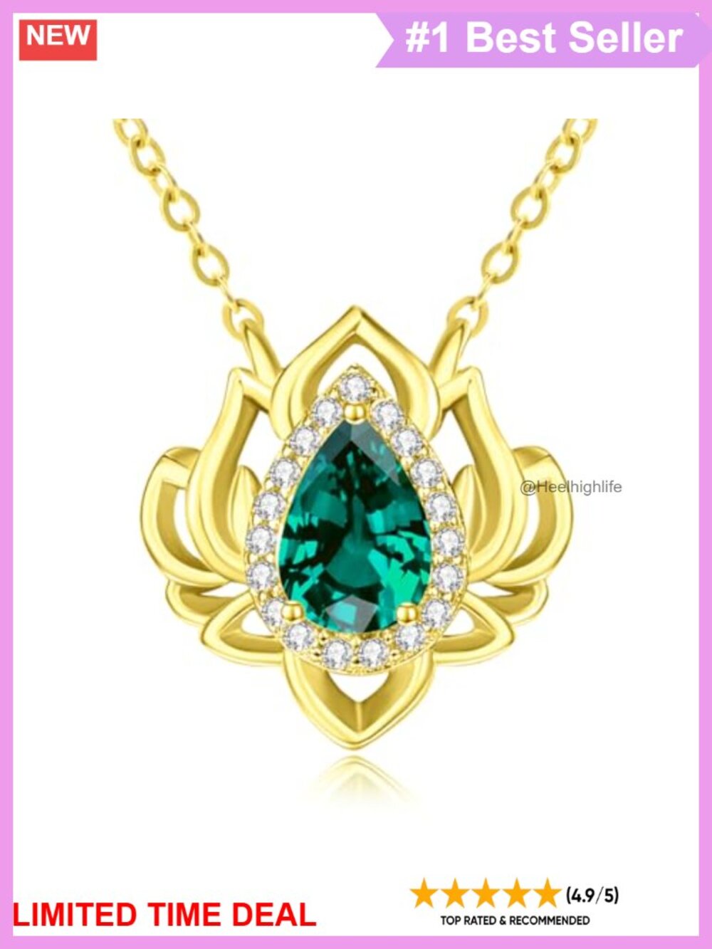 14K Gold Plated Lotus Emerald Pendant Necklace May Birthstone